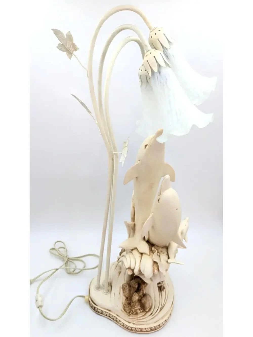 VTG Ceramic Sculpted 3D Dolphins Table Lamp 3 Lights Glass Tulip Shades 30